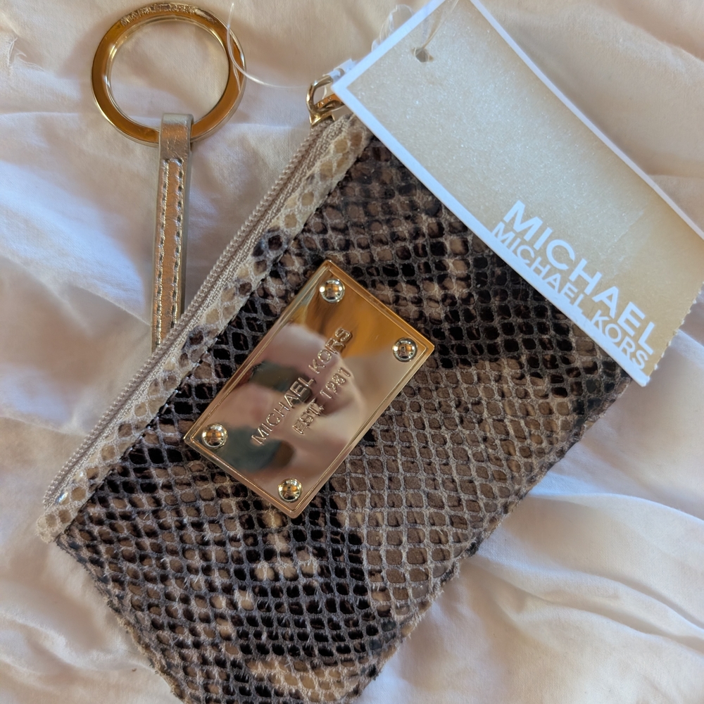 MICHAEL KORS Snake-Print Wristlet Key Pouch in Brown and Gold